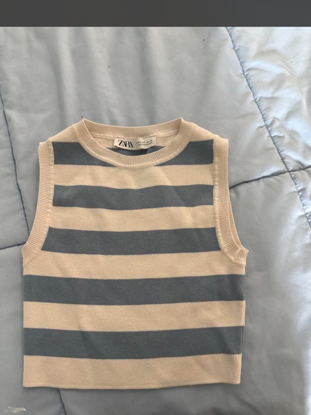 Zara Blue and Cream Striped crop Sleeveless Top